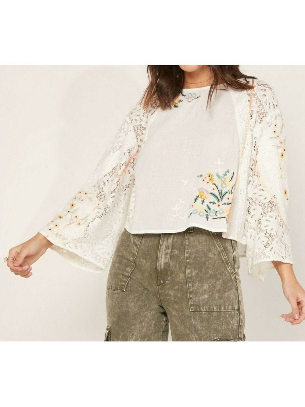 Free People Paris Picnic White Embroidered Lace Bell Sleeve Tunic